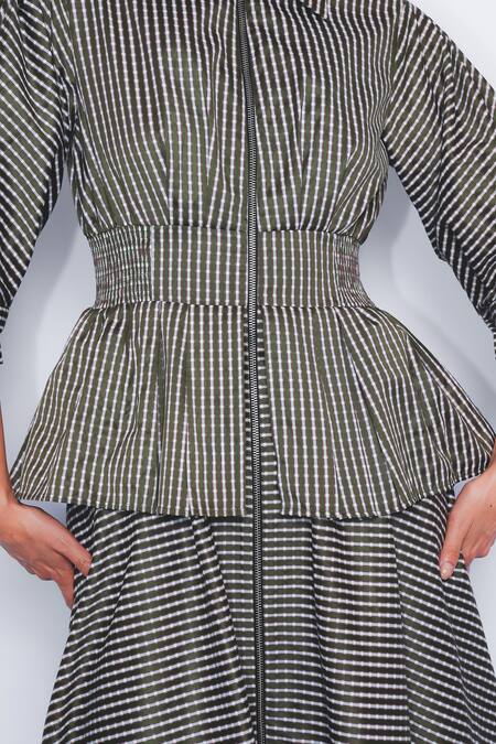 Leh Studios_Green Viscose, Polyester Collared, V-neck Ame Checkered Peplum Dress _at_Aza_Fashions