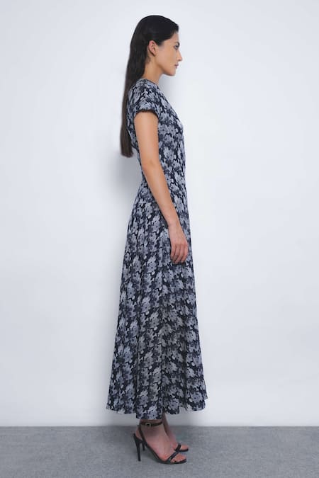 Leh Studios_Blue Viscose, Polyester V-neck Sumiere Floral Printed Midi Dress _Online_at_Aza_Fashions
