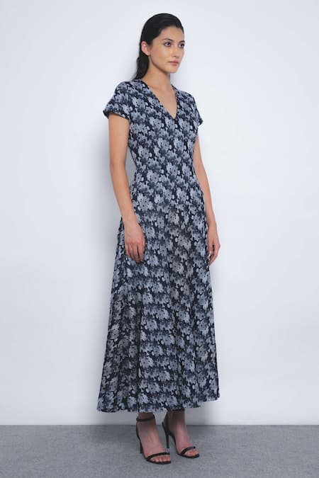 Buy_Leh Studios_Blue Viscose, Polyester V-neck Sumiere Floral Printed Midi Dress _Online_at_Aza_Fashions