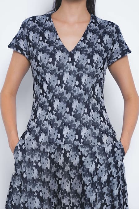 Shop_Leh Studios_Blue Viscose, Polyester V-neck Sumiere Floral Printed Midi Dress _Online_at_Aza_Fashions