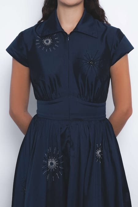 Buy_Leh Studios_Navy Viscose, Polyester Beads Collared, Yume Embroidered Fit And Flare Dress _Online_at_Aza_Fashions