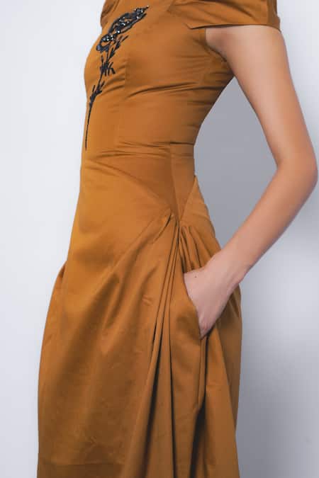 Buy_Leh Studios_Brown Cotton Embroidery, Beads Round Neck Hana Floral Puff Sleeve Dress _Online_at_Aza_Fashions