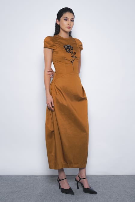 Buy_Leh Studios_Brown Cotton Embroidery, Beads Round Neck Hana Floral Puff Sleeve Dress 