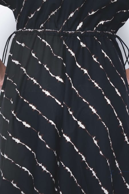 Leh Studios_Black Cotton Collared, V-neck Sol Parka Striped Dress _Online_at_Aza_Fashions