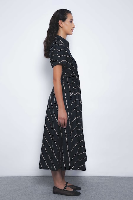 Shop_Leh Studios_Black Cotton Collared, V-neck Sol Parka Striped Dress _Online_at_Aza_Fashions