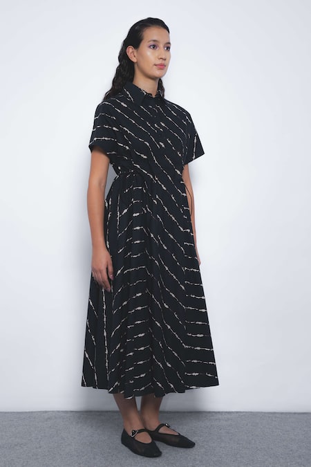 Leh Studios_Black Cotton Collared, V-neck Sol Parka Striped Dress _at_Aza_Fashions