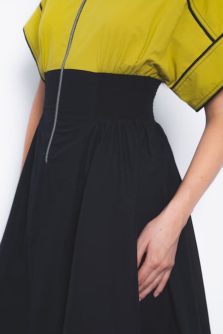 Leh Studios Mustard Cotton Collared Esther Color Block Dress Online at Aza Fashions Leh Studios_Mustard Cotton Collared Esther Color Block Dress _Online_at_Aza_Fashions
