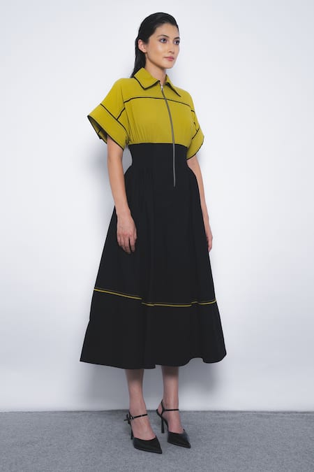 Shop Leh Studios Mustard Cotton Collared Esther Color Block Dress Online at Aza Fashions Shop_Leh Studios_Mustard Cotton Collared Esther Color Block Dress _Online_at_Aza_Fashions