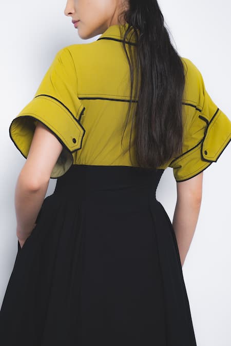 Buy Leh Studios Mustard Cotton Collared Esther Color Block Dress Buy_Leh Studios_Mustard Cotton Collared Esther Color Block Dress