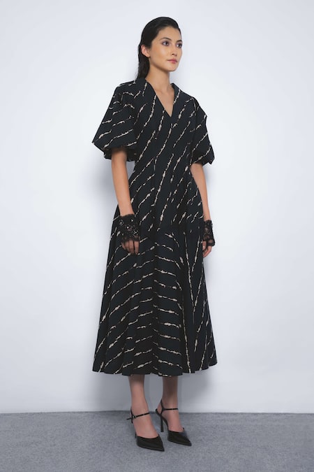 Leh Studios_Black Cotton V-neck Thalia Printed Puff Sleeve Dress _Online_at_Aza_Fashions