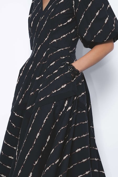 Buy_Leh Studios_Black Cotton V-neck Thalia Printed Puff Sleeve Dress _Online_at_Aza_Fashions