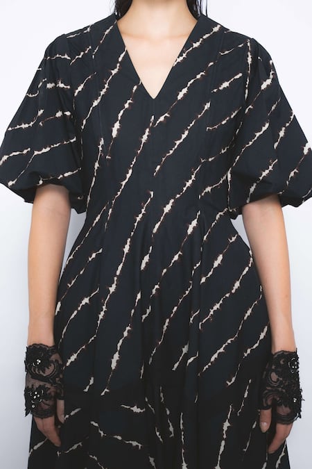 Shop_Leh Studios_Black Cotton V-neck Thalia Printed Puff Sleeve Dress _Online_at_Aza_Fashions