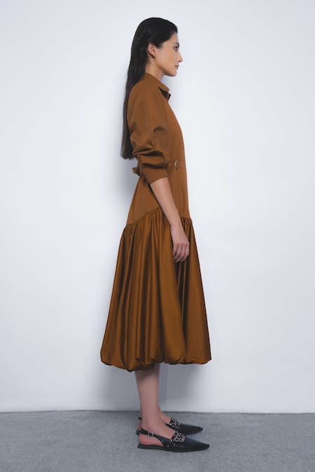 Leh Studios_Brown Cotton Buckles Collared Kiho Dress _Online_at_Aza_Fashions