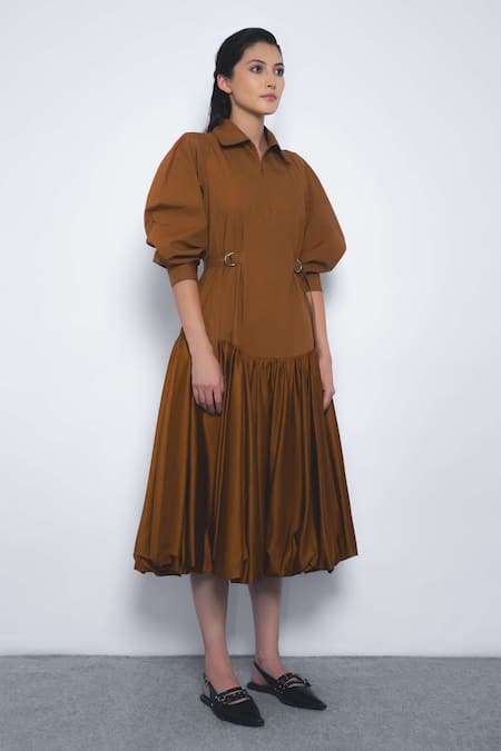Buy_Leh Studios_Brown Cotton Buckles Collared Kiho Dress _Online_at_Aza_Fashions