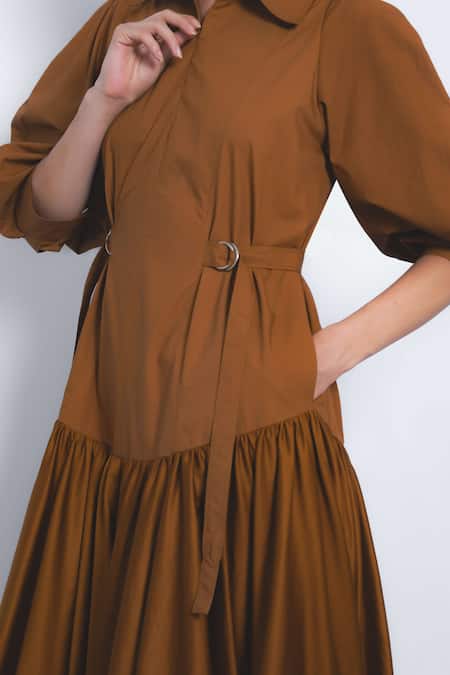 Shop_Leh Studios_Brown Cotton Buckles Collared Kiho Dress _Online_at_Aza_Fashions