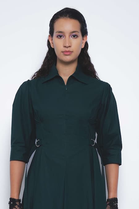Leh Studios_Emerald Green Cotton Collared, V-neck Olivette Puff Sleeve A-line Dress _Online_at_Aza_Fashions