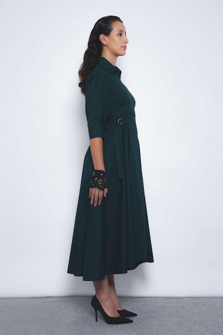 Buy_Leh Studios_Emerald Green Cotton Collared, V-neck Olivette Puff Sleeve A-line Dress _Online_at_Aza_Fashions