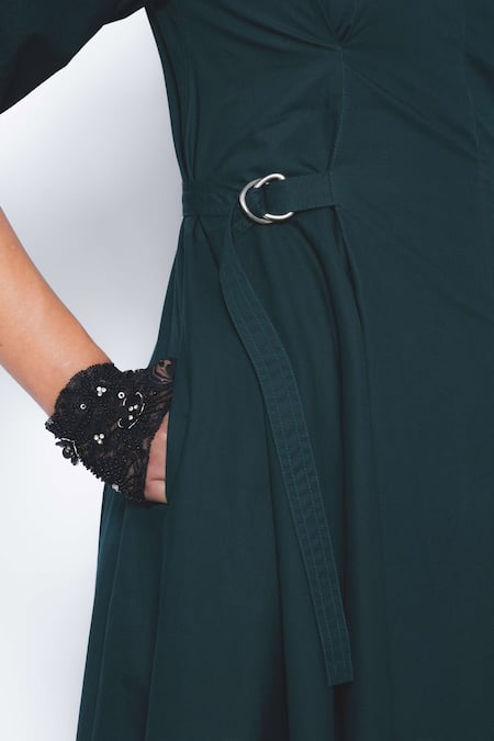 Shop_Leh Studios_Emerald Green Cotton Collared, V-neck Olivette Puff Sleeve A-line Dress _Online_at_Aza_Fashions
