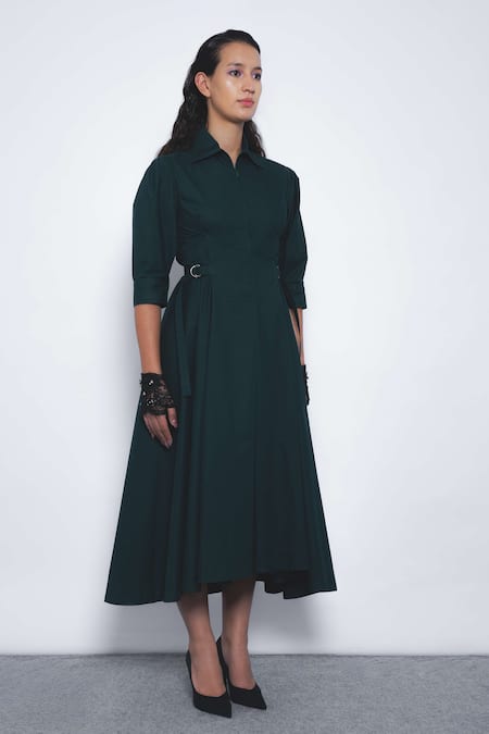 Leh Studios_Emerald Green Cotton Collared, V-neck Olivette Puff Sleeve A-line Dress _at_Aza_Fashions