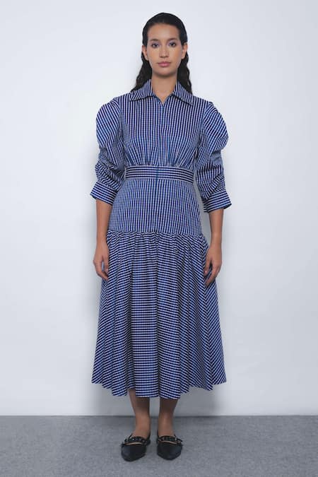 Leh Studios Douce Checkered Puff Sleeve Shirt Dress 