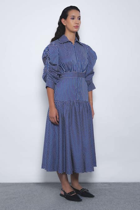 Buy_Leh Studios_Blue Viscose, Polyester Collared, V-neck Douce Checkered Puff Sleeve Shirt Dress _Online_at_Aza_Fashions