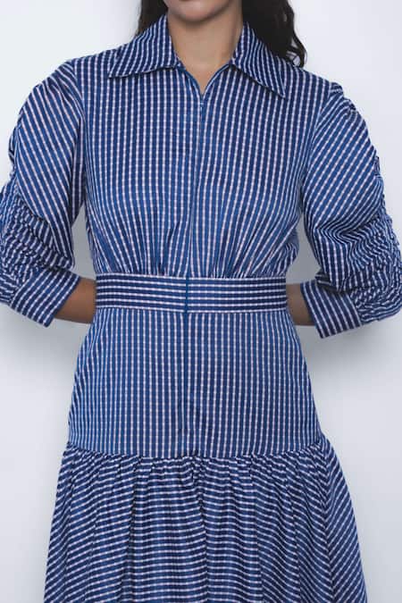 Shop_Leh Studios_Blue Viscose, Polyester Collared, V-neck Douce Checkered Puff Sleeve Shirt Dress _Online_at_Aza_Fashions