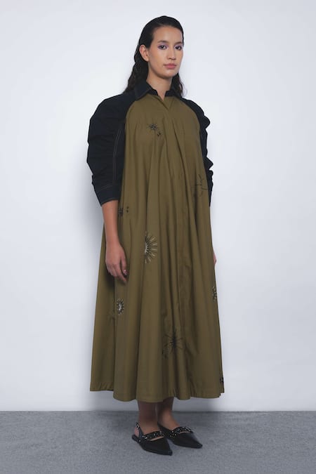 Leh Studios_Brown Cotton Sequins, Beads Collared, V-neck Embroidered Alea Dress _Online_at_Aza_Fashions