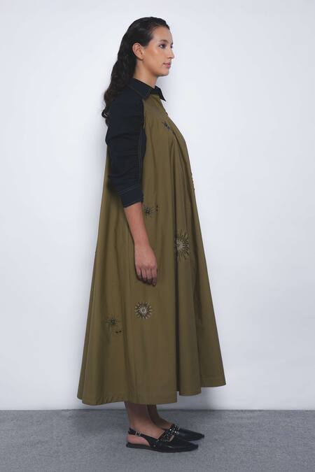 Buy_Leh Studios_Brown Cotton Sequins, Beads Collared, V-neck Embroidered Alea Dress _Online_at_Aza_Fashions