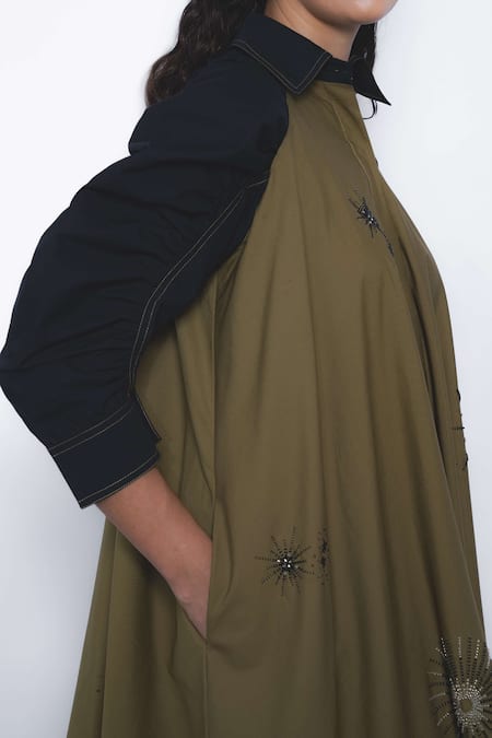 Shop_Leh Studios_Brown Cotton Sequins, Beads Collared, V-neck Embroidered Alea Dress _Online_at_Aza_Fashions