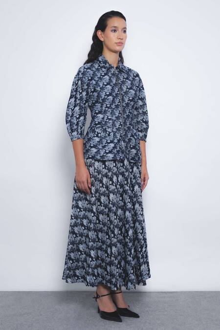 Leh Studios_Navy Viscose, Polyester Collared Ivy Floral Print Zip-up Top _Online_at_Aza_Fashions