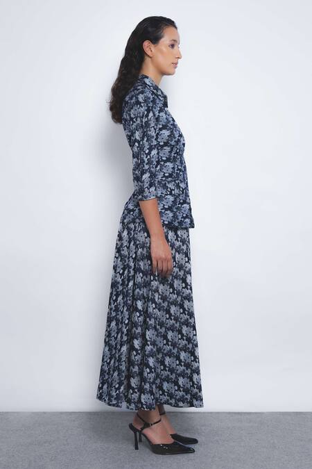 Buy_Leh Studios_Navy Viscose, Polyester Collared Ivy Floral Print Zip-up Top _Online_at_Aza_Fashions