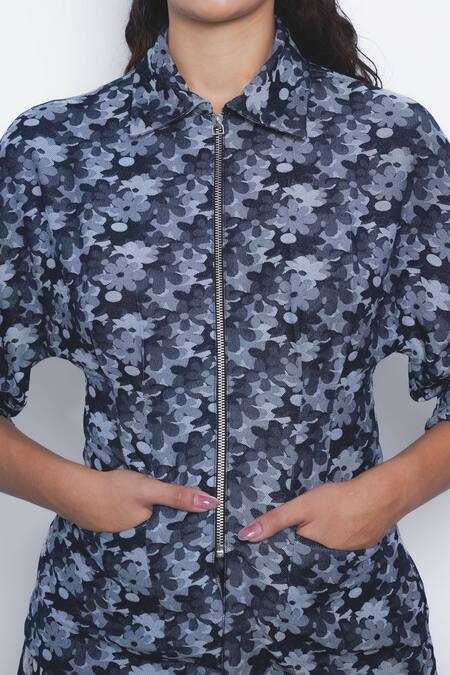 Leh Studios_Navy Viscose, Polyester Collared Ivy Floral Print Zip-up Top _at_Aza_Fashions