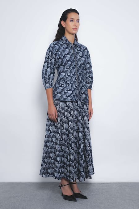 Leh Studios_Navy Viscose, Polyester Sumiere Printed Pleated Midi Skirt _Online_at_Aza_Fashions