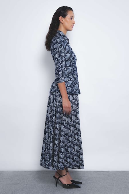 Buy_Leh Studios_Navy Viscose, Polyester Sumiere Printed Pleated Midi Skirt _Online_at_Aza_Fashions