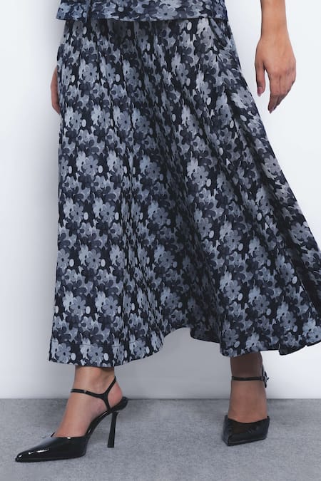 Shop_Leh Studios_Navy Viscose, Polyester Sumiere Printed Pleated Midi Skirt _Online_at_Aza_Fashions