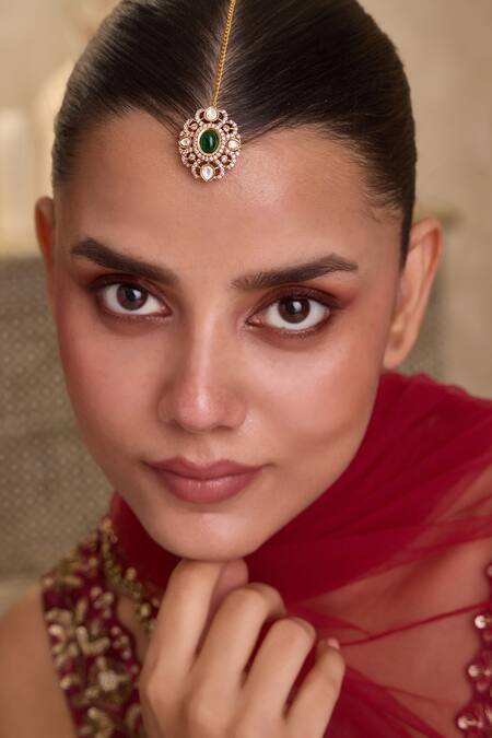 Paisley Pop_Green Polki Embellished Maangtikka _Online_at_Aza_Fashions