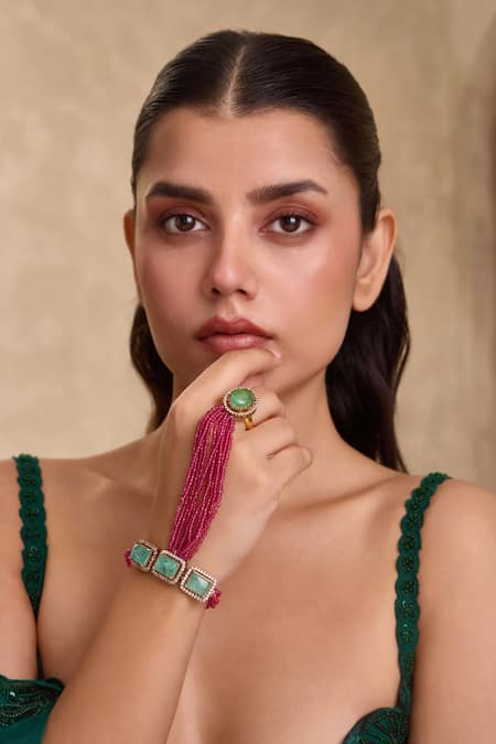 Paisley Pop_Pink Stones, Beads, Crystals Embellished Hathphool Bracelet _Online_at_Aza_Fashions