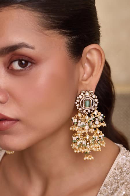 Paisley Pop_Mint Pearls, Stones, Beads Polki Embellished Chandelier Earrings _Online_at_Aza_Fashions