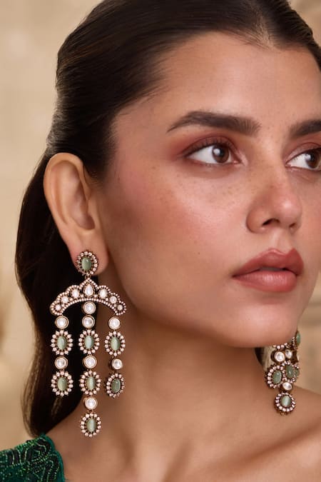 Paisley Pop_Mint Stones, Pearls Polki Embellished Chandelier Earrings _Online_at_Aza_Fashions
