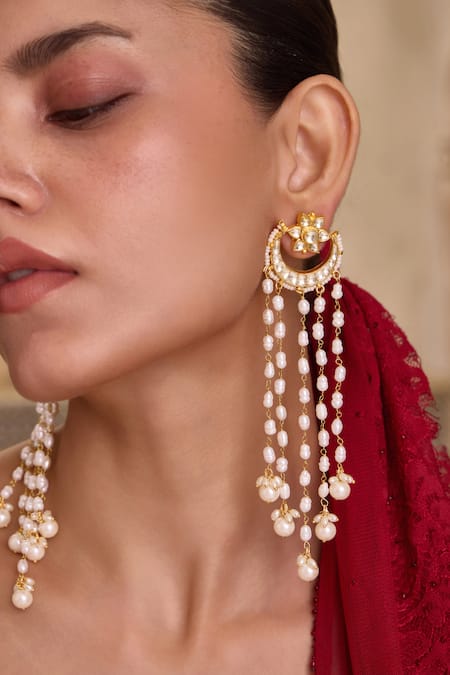 Paisley Pop Kundan Pearls Tassel Crescent Earrings 