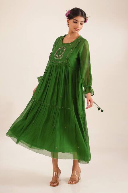 Shop_Tatwa_Green Chanderi Embroidery, Sequins, Tassels Round Neck Victoran Sparrow Kurta _Online_at_Aza_Fashions