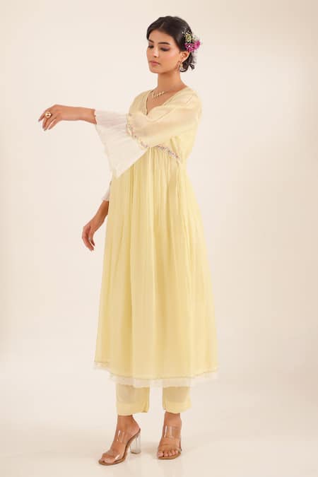 Tatwa_Yellow Chanderi, Cotton Embroidery, Lace V-neck Nyraa Gathered Kurta And Pant Set _Online_at_Aza_Fashions
