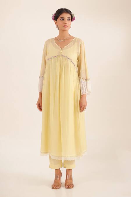 Buy_Tatwa_Yellow Chanderi, Cotton Embroidery, Lace V-neck Nyraa Gathered Kurta And Pant Set _Online_at_Aza_Fashions