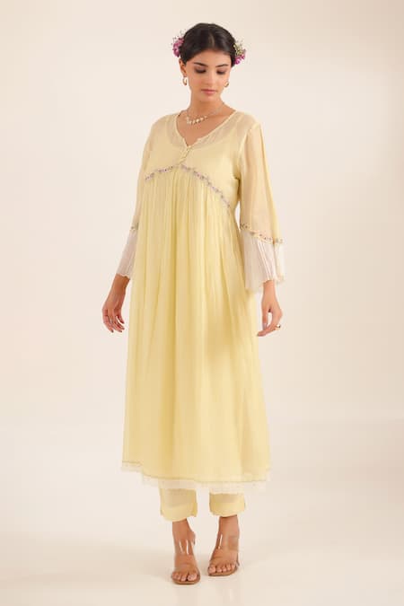 Shop_Tatwa_Yellow Chanderi, Cotton Embroidery, Lace V-neck Nyraa Gathered Kurta And Pant Set _Online_at_Aza_Fashions