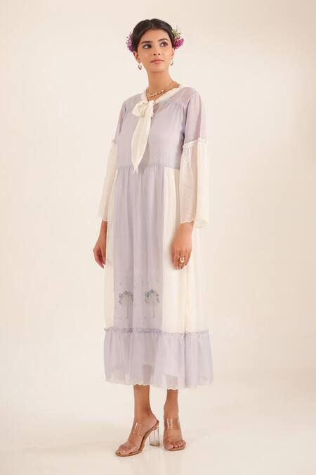 Tatwa_Blue Chanderi Embroidery Round Neck Kurta _Online_at_Aza_Fashions