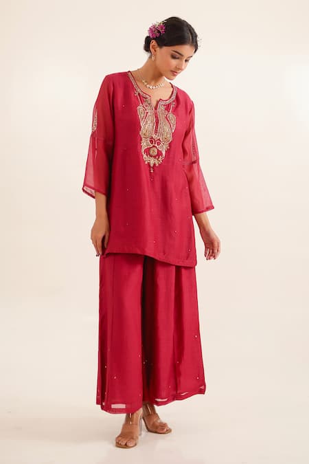 Tatwa_Red Chanderi Embroidery, Zari, Sequins Split V-neck Meena Kurta Palazzo Set _Online_at_Aza_Fashions