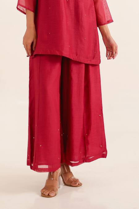 Shop_Tatwa_Red Chanderi Embroidery, Zari, Sequins Split V-neck Meena Kurta Palazzo Set _Online_at_Aza_Fashions