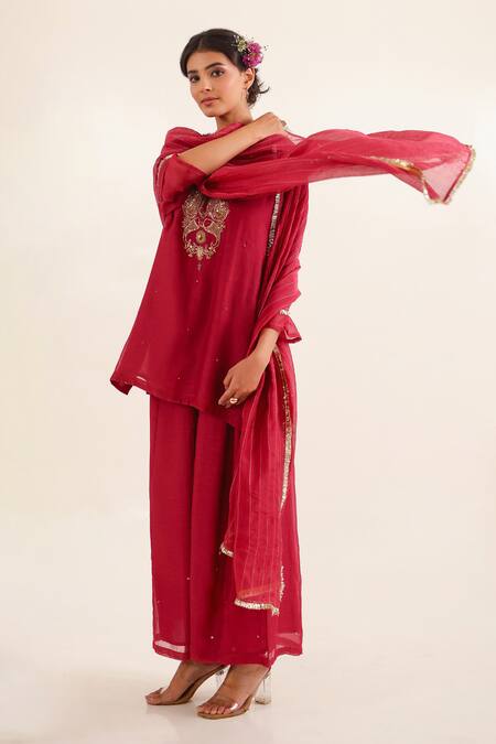 Tatwa_Red Chanderi Embroidery, Zari, Sequins Split V-neck Meena Kurta Palazzo Set _at_Aza_Fashions