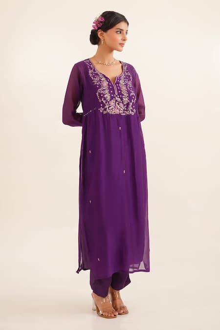 Tatwa_Purple Chanderi, Cotton Embroidery, Sequins, Zari Split Day Dream Kurta Set _Online_at_Aza_Fashions
