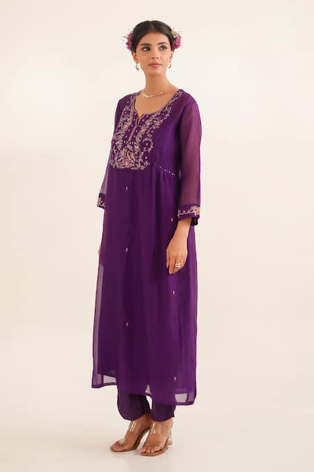 Buy_Tatwa_Purple Chanderi, Cotton Embroidery, Sequins, Zari Split Day Dream Kurta Set _Online_at_Aza_Fashions
